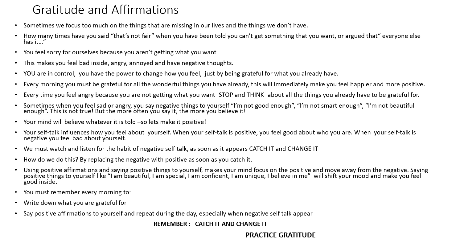 Gratitude and Affirmations — guidance on practising gratitude and positive self-talk
