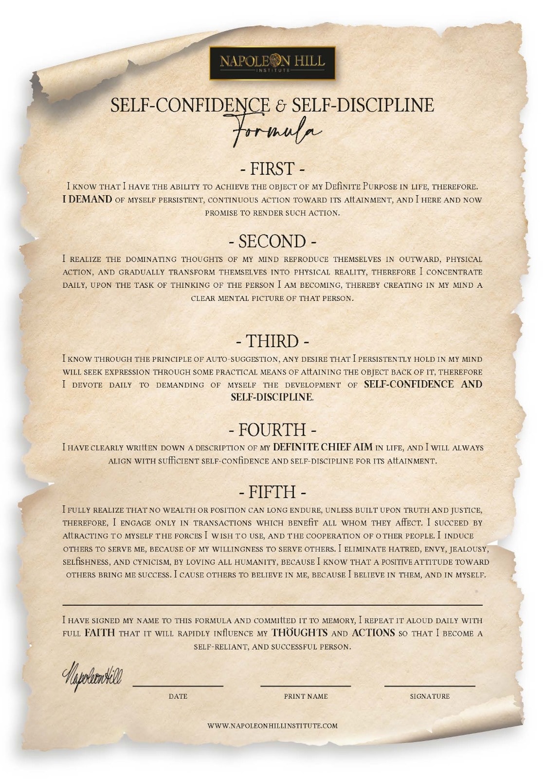 Napoleon Hill Institute — Self-Confidence and Self-Discipline Formula on vintage parchment